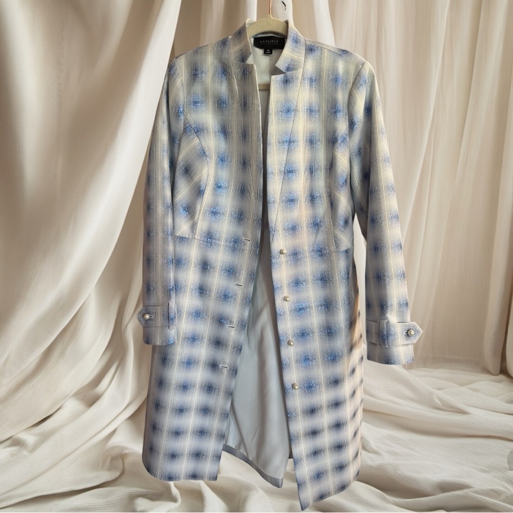 Carlisle Collection NWT Designer Long Jacket, Shimmer Sheen White&Blue W/Pearls